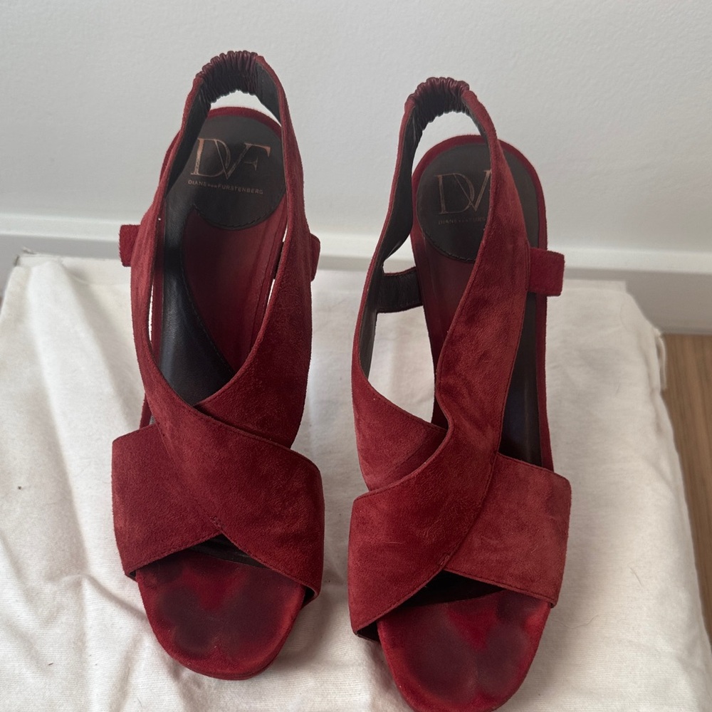 Diane Von Furstenberg Deep Red Suede Crisscross Slingback Heels